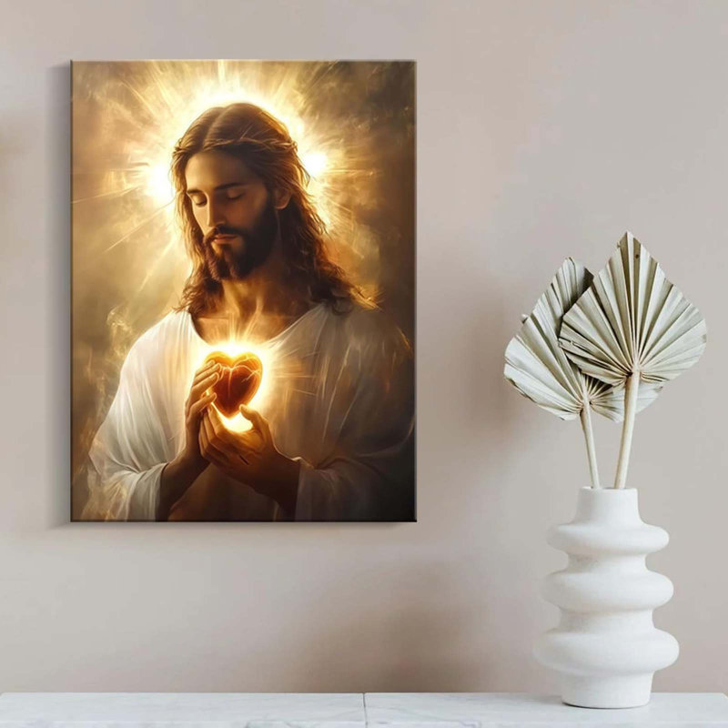Framed Jesus Canvas Wall Art Sacred Heart Of Jesus Wall Decor Picture Christian Poster Painting Decoration Unique Print Wall Decor Living Room Bedroom Church Decor Inch Ready To Hang