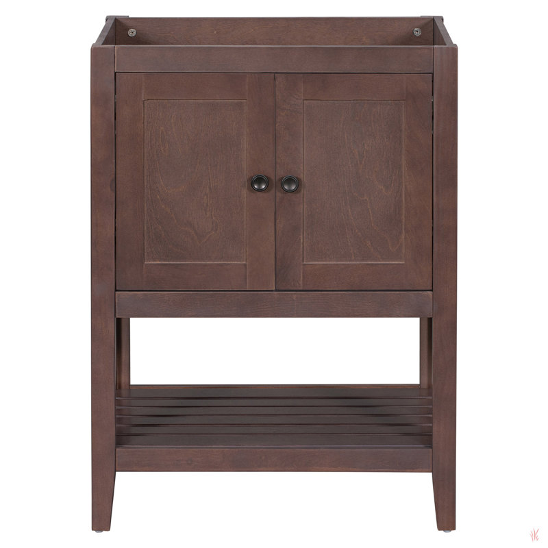 24" Bathroom Vanity Base Only, Soild Wood Frame, Bathroom Storage Cabinet With Doors And Open Shelf, Brown