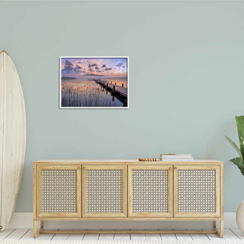 Misty Lake Dock Landscape Summer Sunset Tall Grass, art numérique de la giclée encadrée par Mike Calascibetta