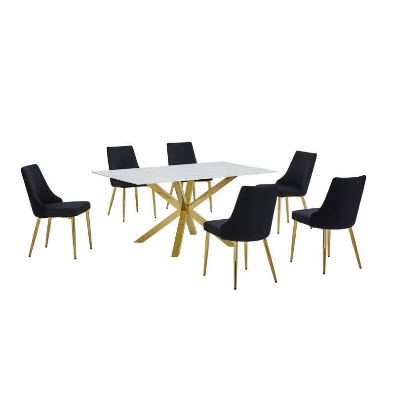 Ensemble de salle à manger en verre L 63 po x l 39 po avec motif en marbre blanc, Noir, 7