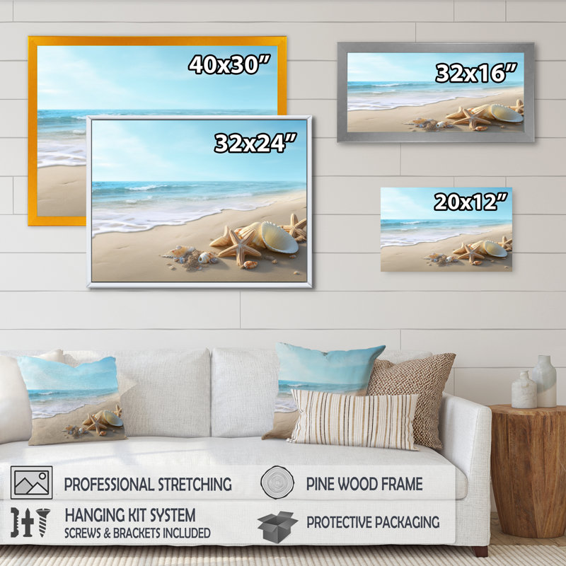 Étoile de mer et coquillages IV - impression, Encadrement doré, H 34 po x l 44 po x P 1,5 po