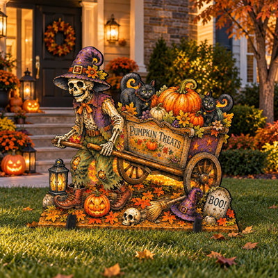 Pumpkin Treats Skeleton Wagon Wooden Halloween Freestanding Decoration by G. DeBrekht