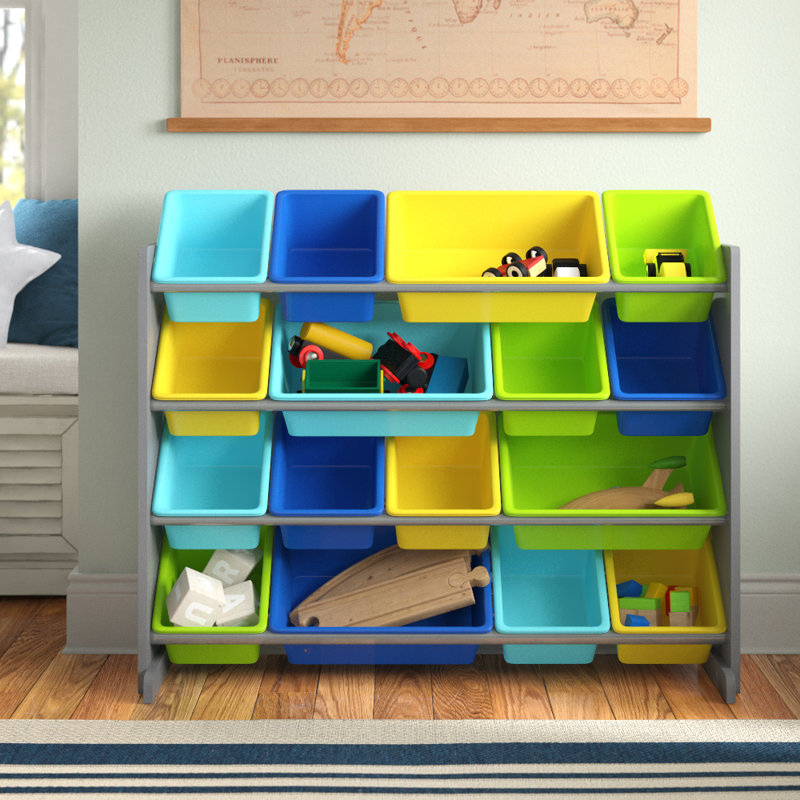 Raul Three Posts™ Toy Organizer with Bins, Grey/MultiColor