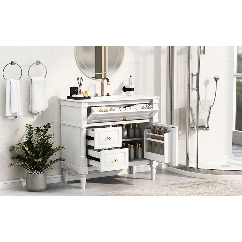 Meuble-lavabo de 91 cm (36 pouces) avec lavabo, construction en bois d'hévéa, tiroirs à ouverture et fermeture fluides, grande capacité de charge, peint en blanc pour salles de bains modernes, meuble sur pied de 91 cm (36 pouces) en céramique, agencement intelligent.