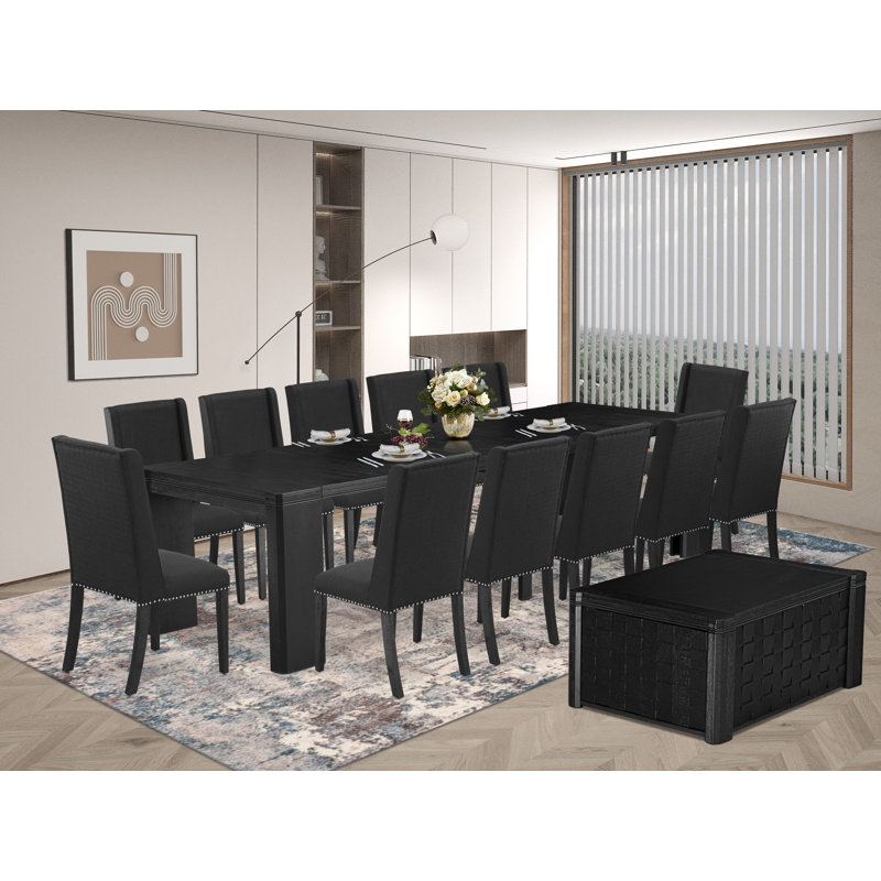 14-piece Dining Table Set a Rectangular Kitchen Table with a coffee Table and 12 Black Linen Fabric Dining Chair, Wire Brushed Black