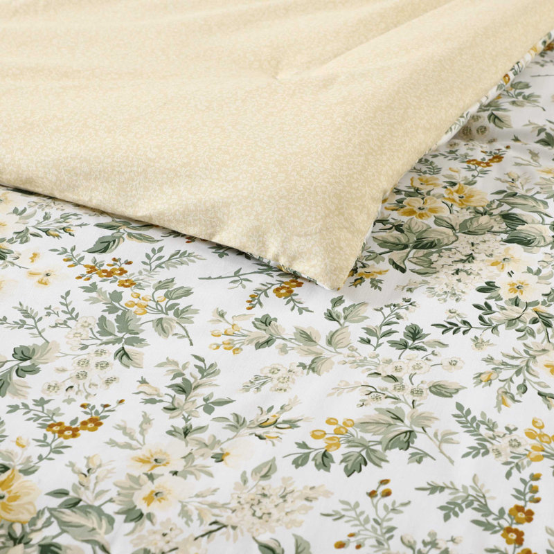 Laura Ashley Country Meadow Cotton Reversible Gold Comforter Set, King Comforter +2 King Shams