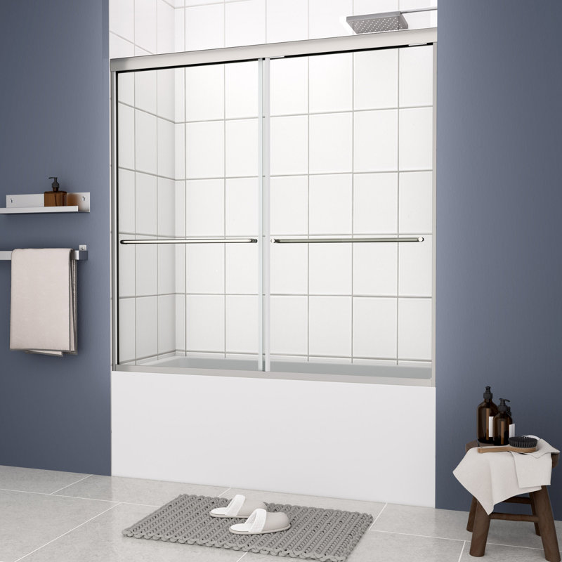 Porte de douche de baignoire, porte coulissante, avec verre trempé de 1/4 po et 56-60 po x 58 po, Chrome chrome