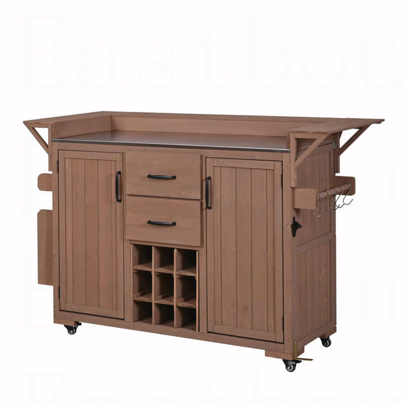 Modern 60.2''W Outdoor Kitchen Island with Wheels, Rolling Patio BBQ Kitchen Cart with Stainless Steel Top, Wood Grill Cart with Spice Rack&Wine Rack,2 Drawers, Brown