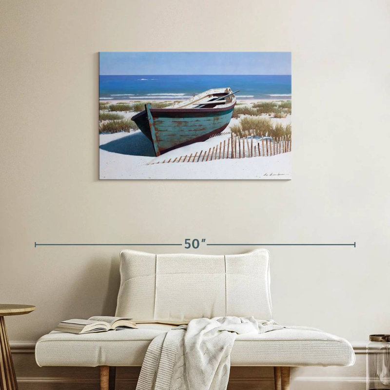 Mehar, bateau bleu sur la plage, H 24 po x l 36 po