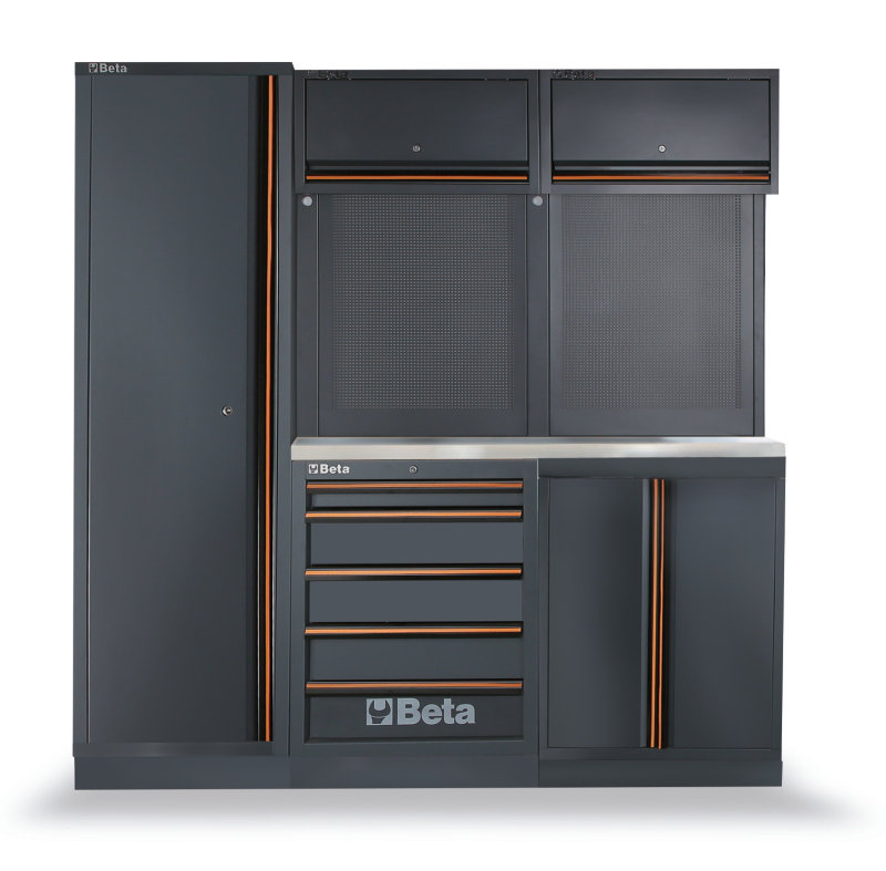 Beta C45PRO BX Garage Tool Storage Cabinet System, Stainless Steel Coated Worktop 77.17" L x 19.49" D x 78.7" H