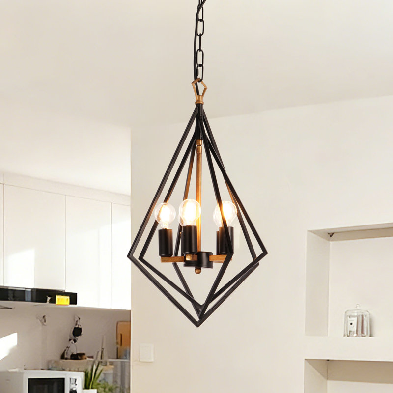 Luminaire suspendu noir et doré à 5 lumières avec cadre losange
