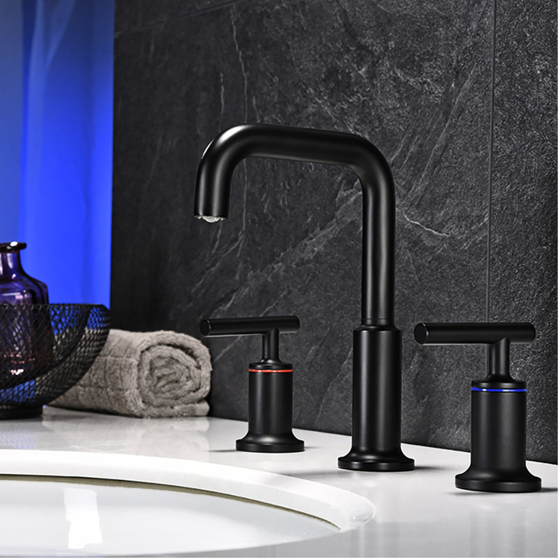 Matte Black 3 Mount Bathroom Tap With Splash Outlet & Ceramic Widespread Sink Faucet Easy Operation Handle Brass Body