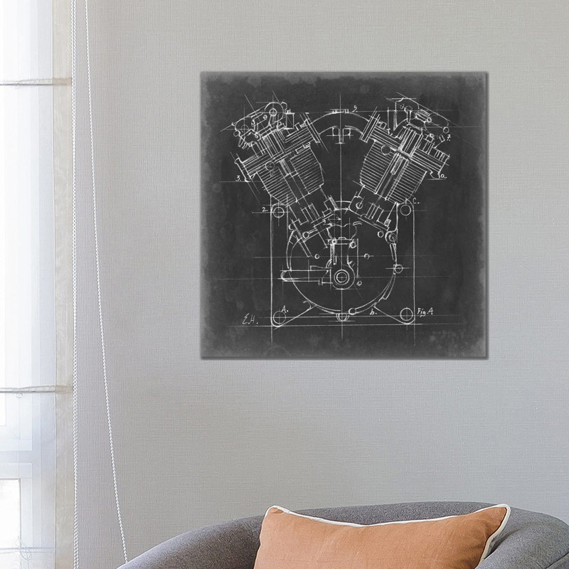 « Motorcycle Engine Blueprint II » par Ethan Harper, reproduction d’art, H 26 po x l 26 po x P 1,5 po, Toile tendue