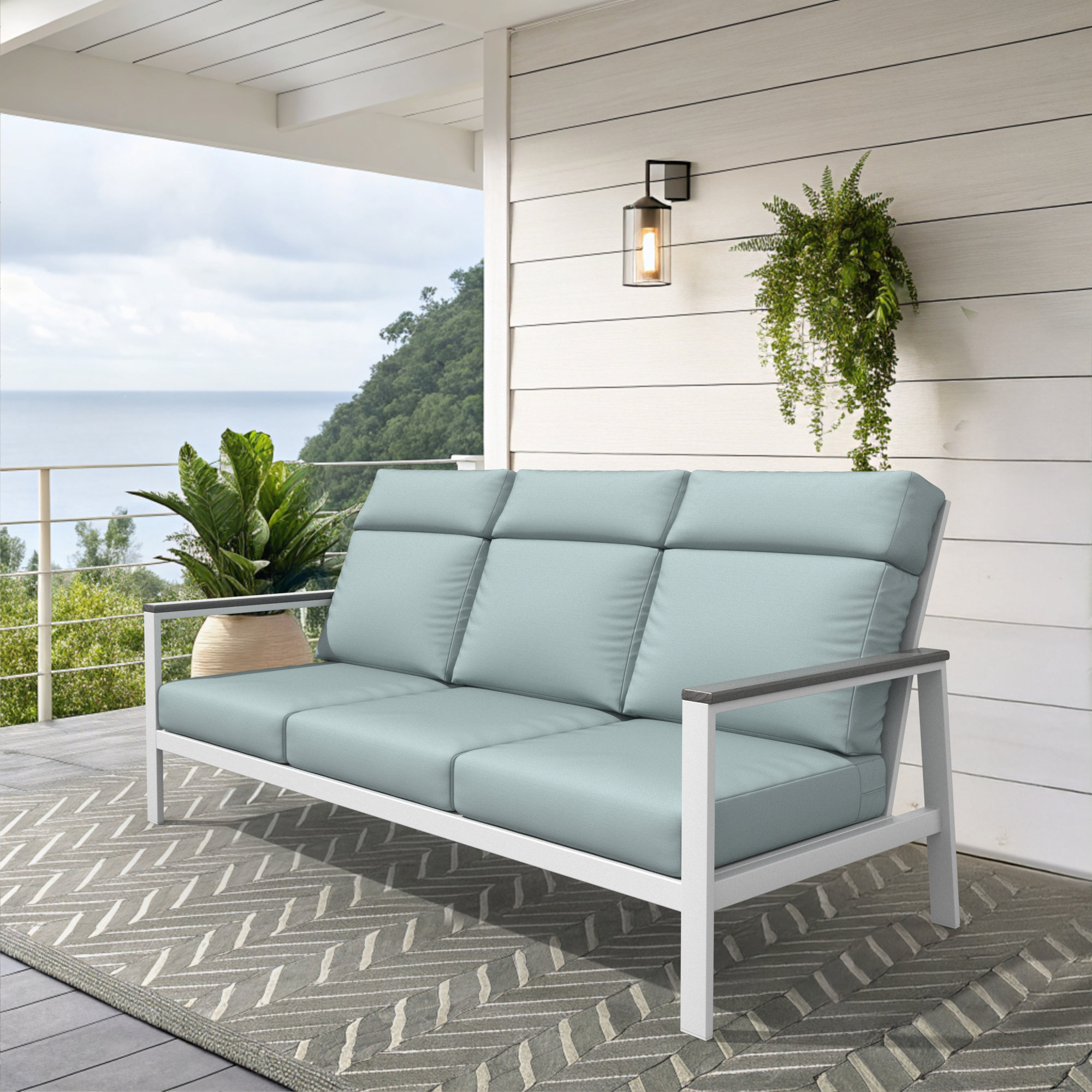 Townsend Metal Outdoor Sofa With Sunbrella Cushion, Solid Color, Bliss Dew