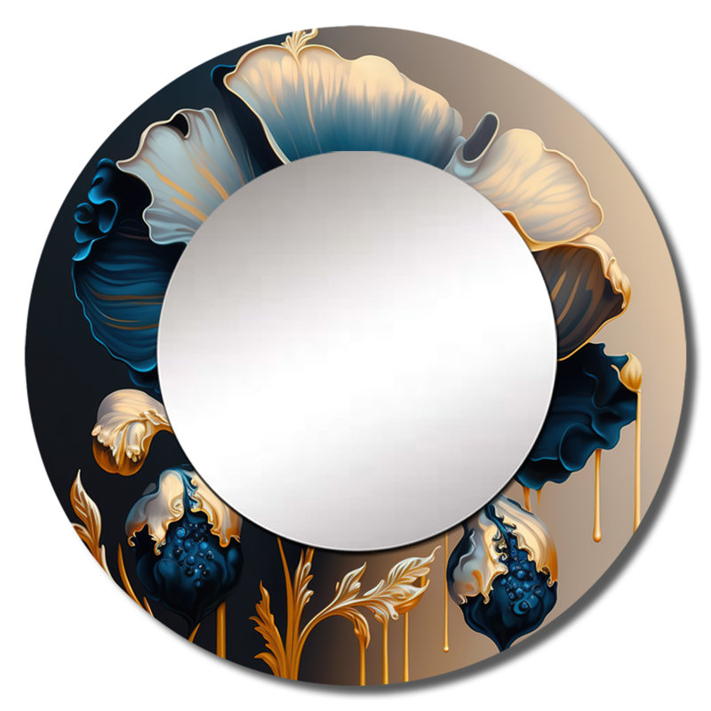 Orvell bleu foncé et doré fleur simple - miroir mural unique floral, miroir rond bleu, impression d'art en métal