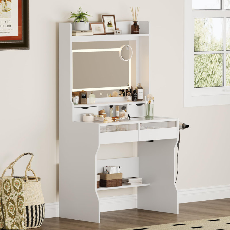 Bureau de coiffeuse avec miroir et lumières, bureau de maquillage avec 4 tiroirs et prise de courant, Blanc