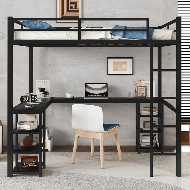  Lit mezzanine double en métal avec bureau et tablettes, structure de lit d'étude avec échelle et garde-corps, conception peu encombrante, noir