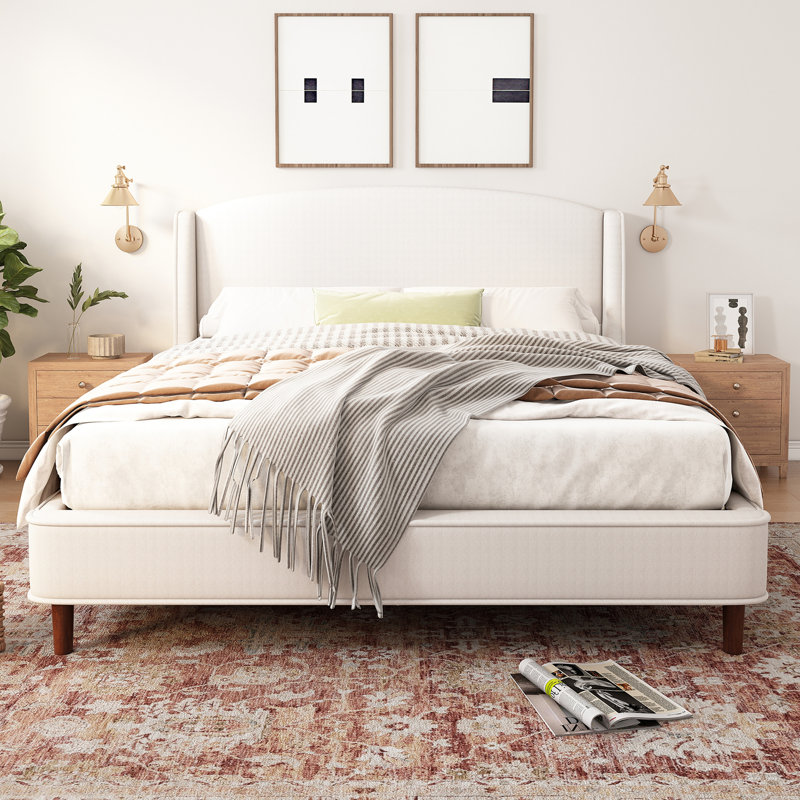 California King Upholstered Platform Bed With Wingback Headboard, Beige