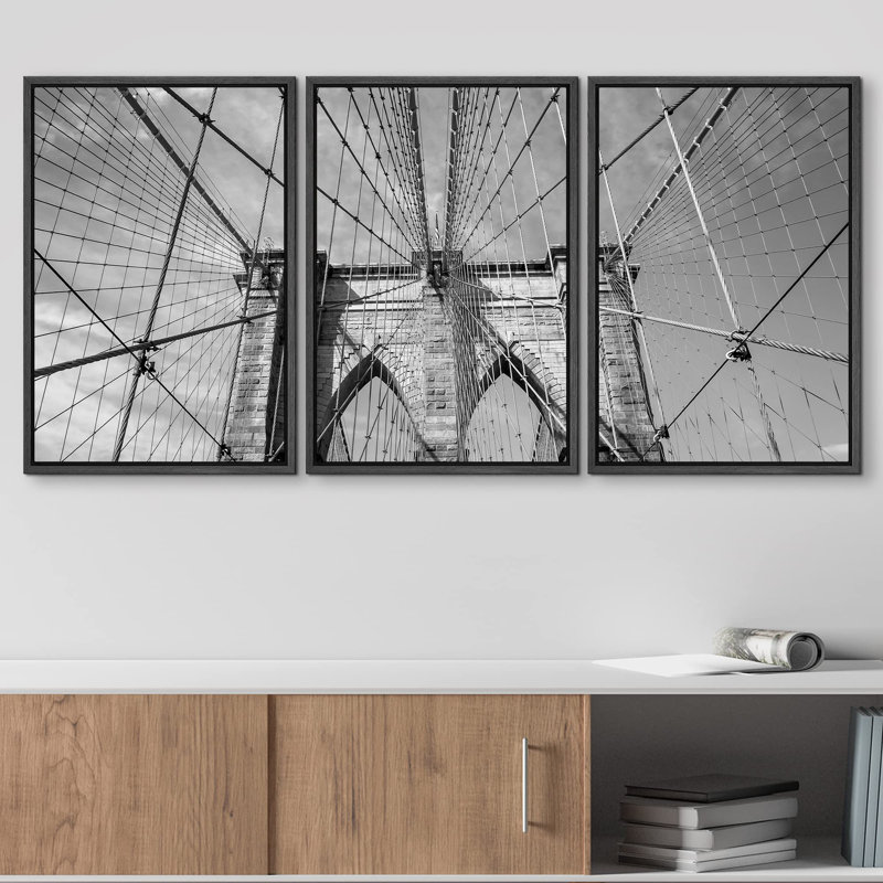 Pont de Brooklyn, New York, États-Unis, en noir et blanc, photographie d'art moderne encadré, Cadre flottant noir