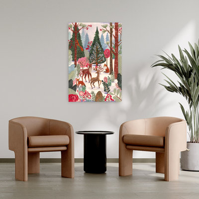 Animals In Winter Forest Christmas Abstract Contemporary Deer Fox Squirrel Forest Landscape Wall Art Print 1 Piece Wrapped Canvas Wall Art
