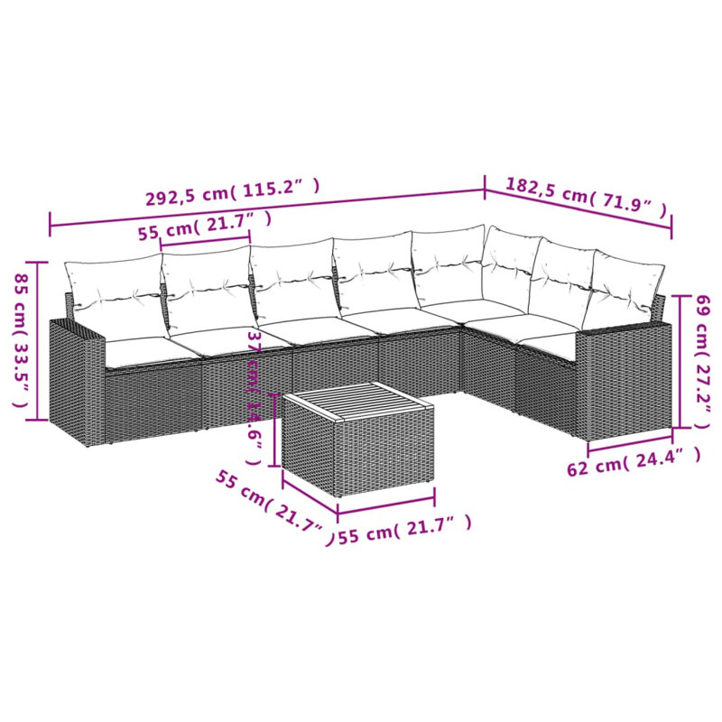 Ensemble de canapé de patio 8 pièces avec coussins en rotin de polyester, Gris, Marine