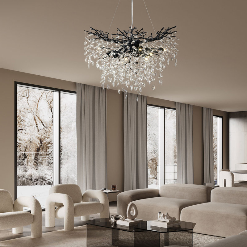 Lustre en cristal 12 lumières Modern, Noir mat, H 27,56 po x l 39,37 po x P 39,37 po