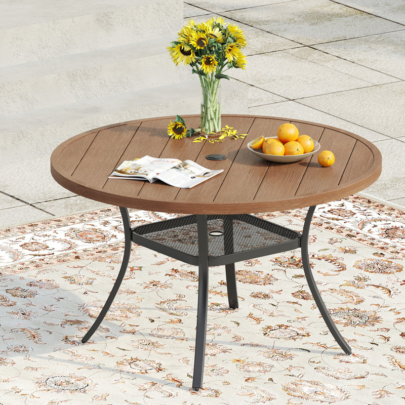 Melisent Round Metal Outdoor Dining Table With Umbrella Hole , 40.6'' in. W 40.6'' in. D, Brushed Wood Brown