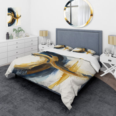 Bleu et or tourbillon abstrait III - ensemble de housse de couette spirale moderne - polyester microfibre