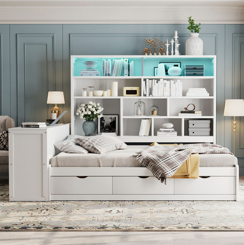 Lit de jour double en bois avec trois tiroirs, bureau, tablettes et lumières, blanc, Blanc