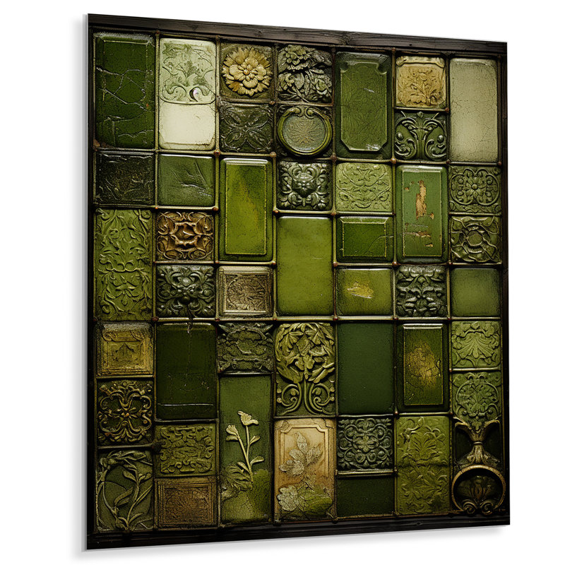 «Green Stones Tiles I» - art mural en métal abstrait, H 20 po x l 12 po x P 1 po