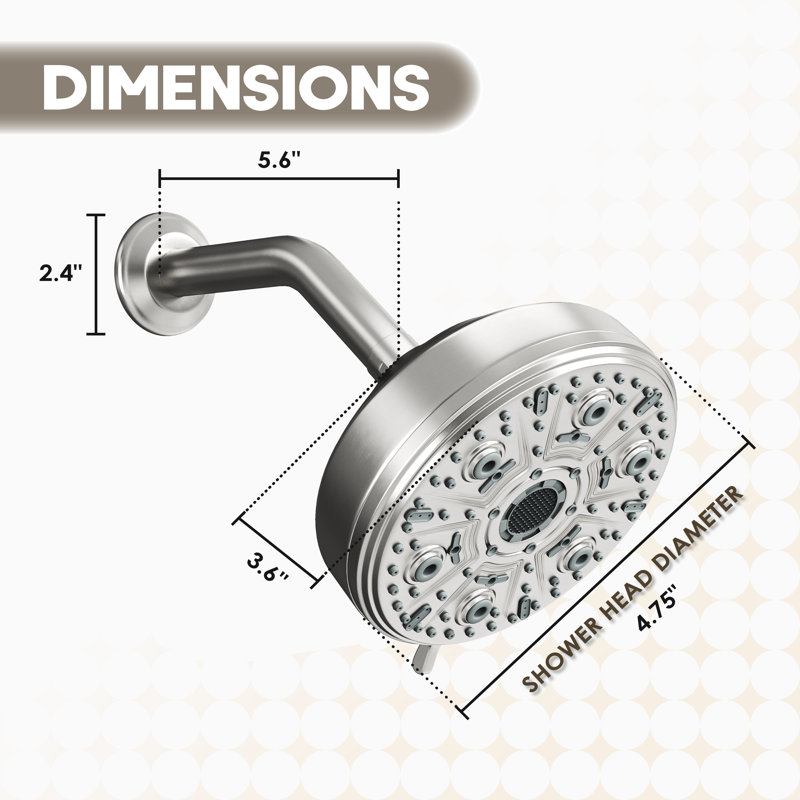 Pomme de douche ronde de remplacement 10 fonctions 5 pouces avec bras et bride, Nickel brossé