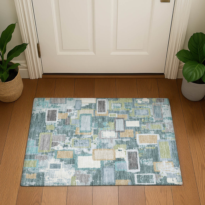 Premium Machine Washable Mayfield AMF2246 Geometric Rug, 1'8" x 2'6", Teal