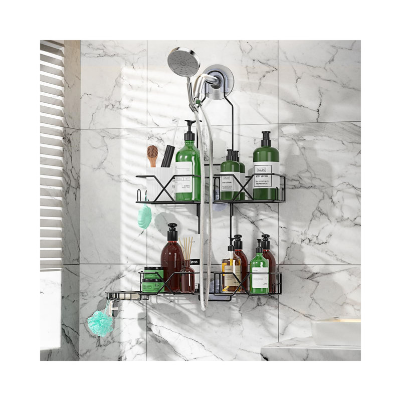 Adjustable Black Stainless Steel Hanging Shower Caddy with Suction Mount