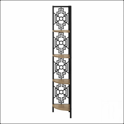 Étagère d'angle à 4 niveaux, tablettes taupe foncé, structure en métal noir, conception peu encombrante pour les bureaux et les chambres modernes.