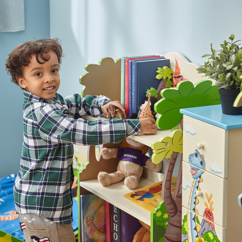 Teamson Kids Dinosaur Kingdom 3-Tier Wooden Bookshelf with Storage Drawer for Playrooms & Bedrooms