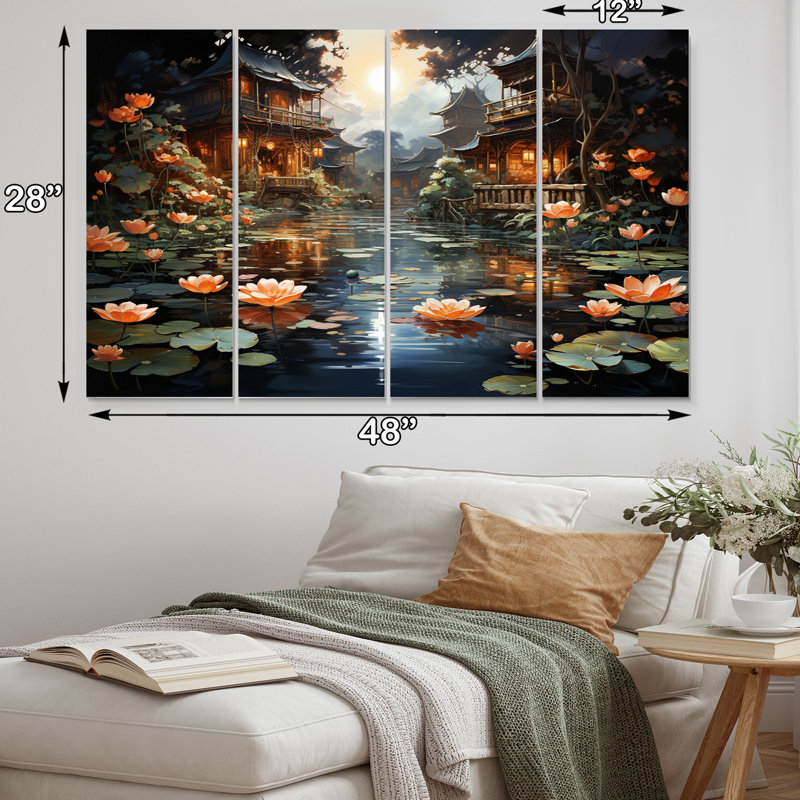 China China Lotus Lantern II - Art mural chinois, salon - 4 panneaux