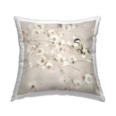 Beige Cherry Blossoms Printed Throw Pillow Design By Sally Swatland