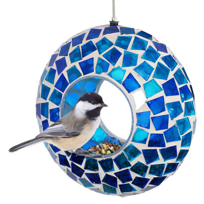 Nob Hill Mosaic Glass Fly-Through Hanging Bird Feeder with 1-Cup Capacity - Blue