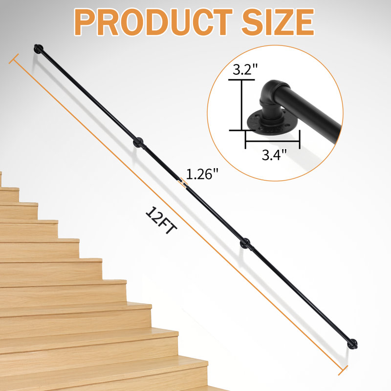 Main courante 12 po en fer noir, 3.12' H X 143.13' W X 3.315' D