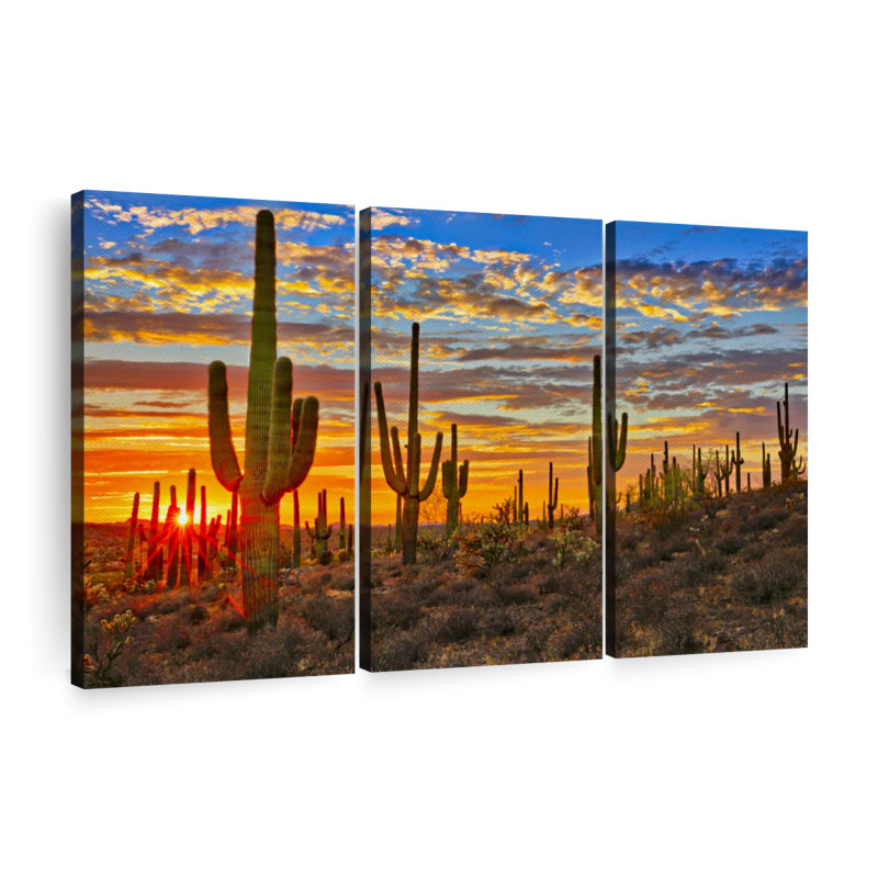 Cactus coucher de soleil sur toile 3 pièces, H 36 po x l 57 po x P 1,25 po
