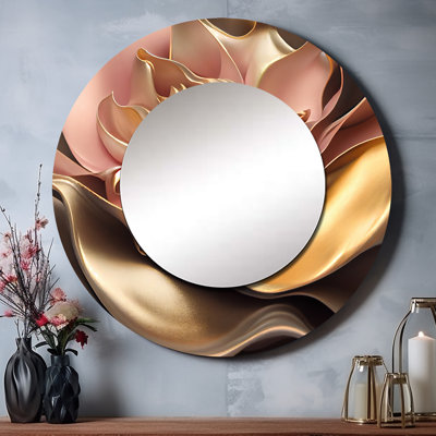 Fleurs glamour élégantes en or et taupe III - miroir mural floral, miroir décoratif rond traditionnel, impression d'art en métal
