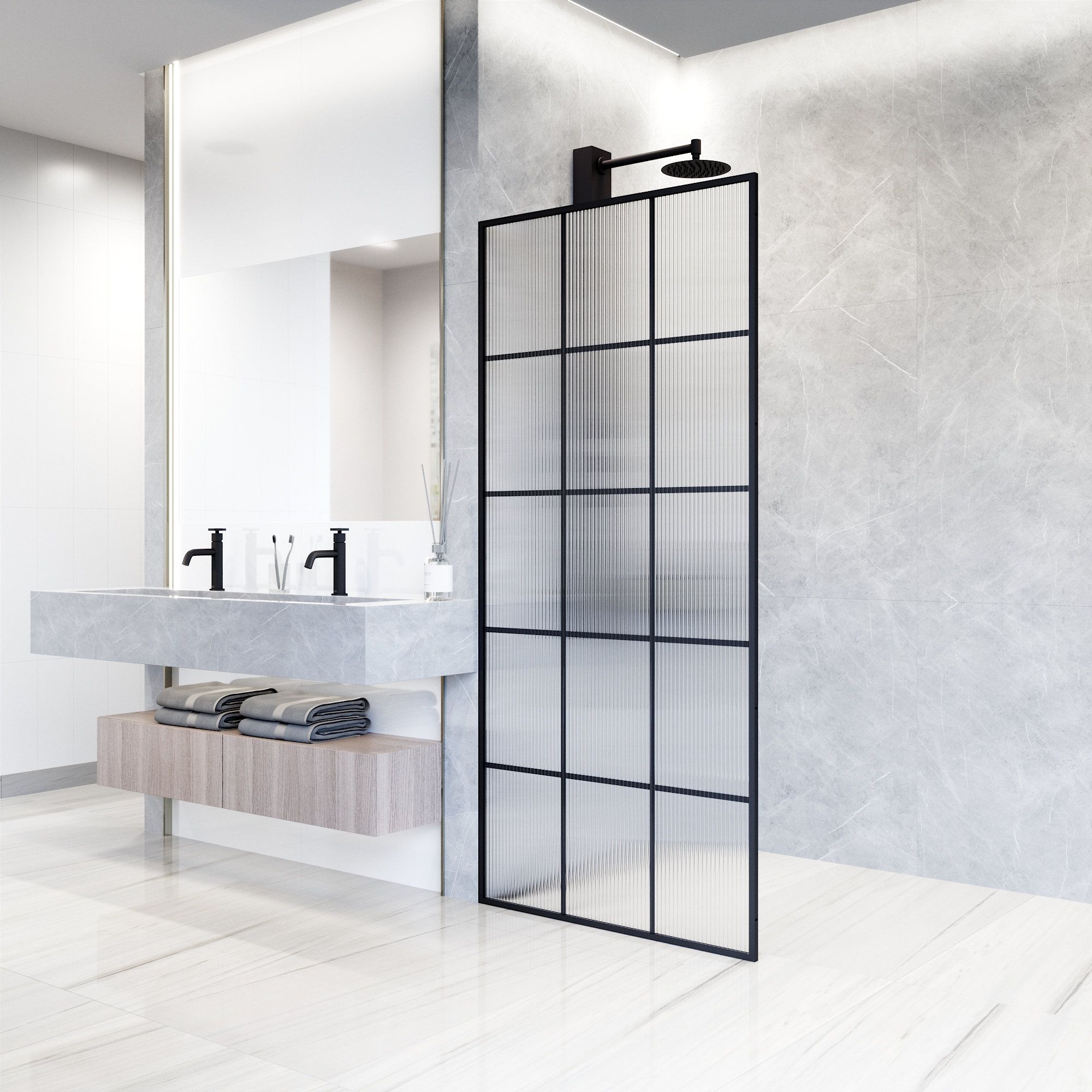 Mosaic 34" W x 74" H Fixed Framed Shower Screen with 3/8" Glass, Matte Black Fluted