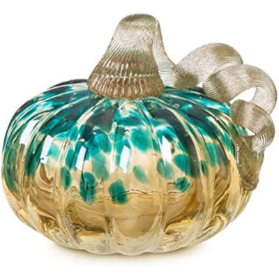 Hand Blown Glass Pumpkin Table Accent For Fall Harvest Decorating Blue/Gold Glitter 4.13" H