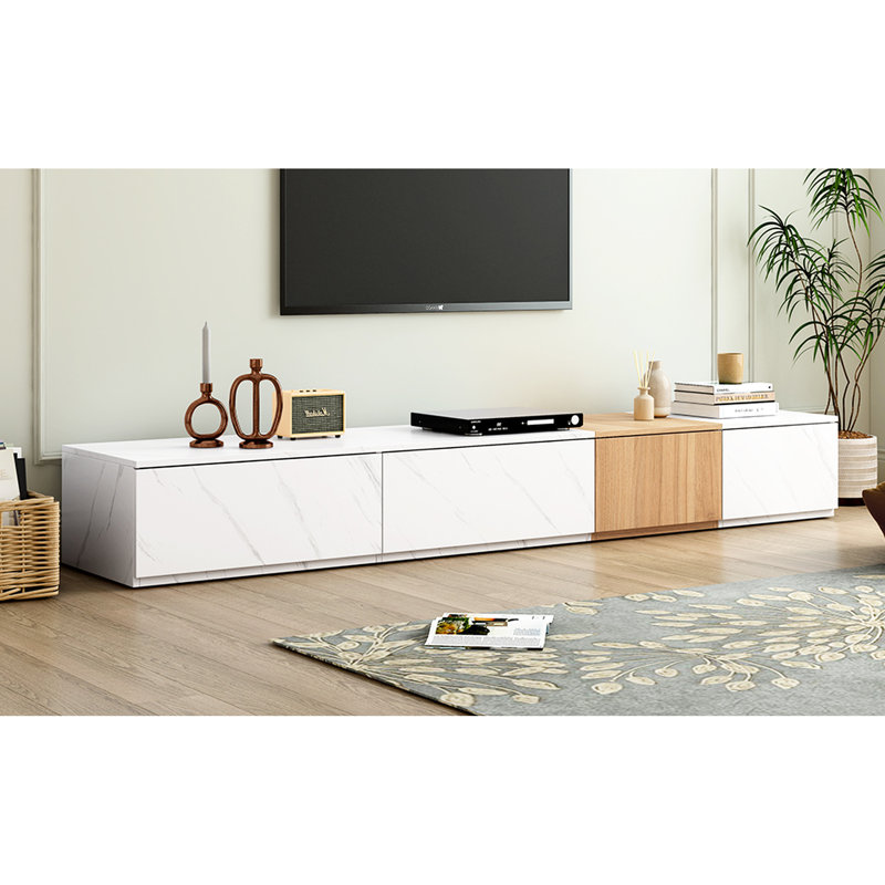 Chic White Tv Stand With Faux Marble & Walnut Grain, 4 Storage For 88" Tvs, Centerpiece And Tv, Living Room, White