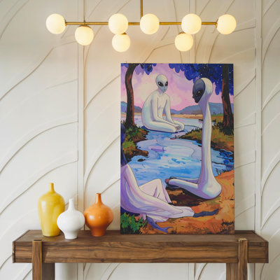 Interspecies Harmony Canvashuman And Alien In Tranquil River Setting Wall Art Canvas Ready To Hang Gallery Wrapped Home Decor Modern Design