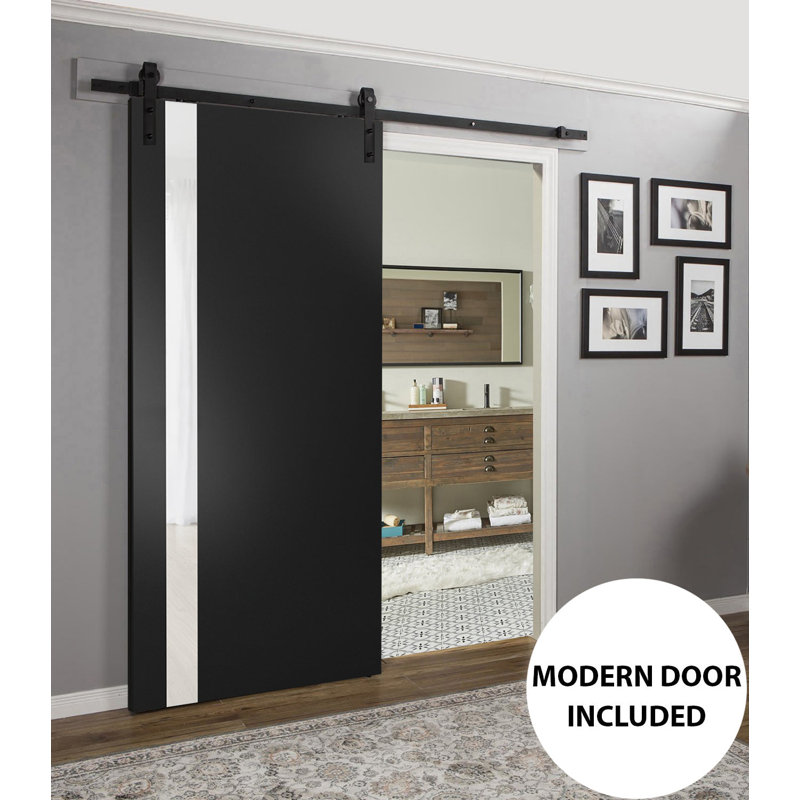 Planum Frosted Glass Panelled Wood Barn Door with Installation Hardware Kit, Black, Black, 42" x 84"