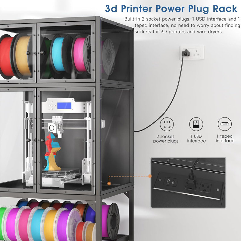 3D Printer Cabinet With Double Layer 3D Printer Filament Storage Rack,Acrylic Cabinet Doors & T-Bar Holder,Built-In Power Strip