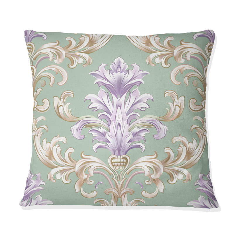Coussin décoratif floral mauve, vert et baroque, H 16 po x l 16 po