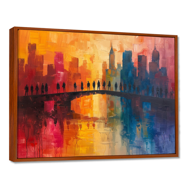 «Red Blue City City Skyscrapers - Bridges», reproduction d'art murale, Toile avec cadre flottant brun