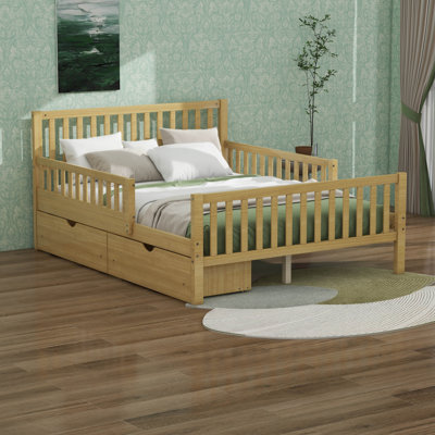 Bed Frame, Solid Wood Platform Bed With Guardrails On Both Sides And Two Storage Drawers